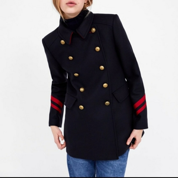 ZARA MILITARY STYLE BLUE WOOL BLEND CLASSIC SHORT COAT JACKET SIZE M - Picture 3 of 13